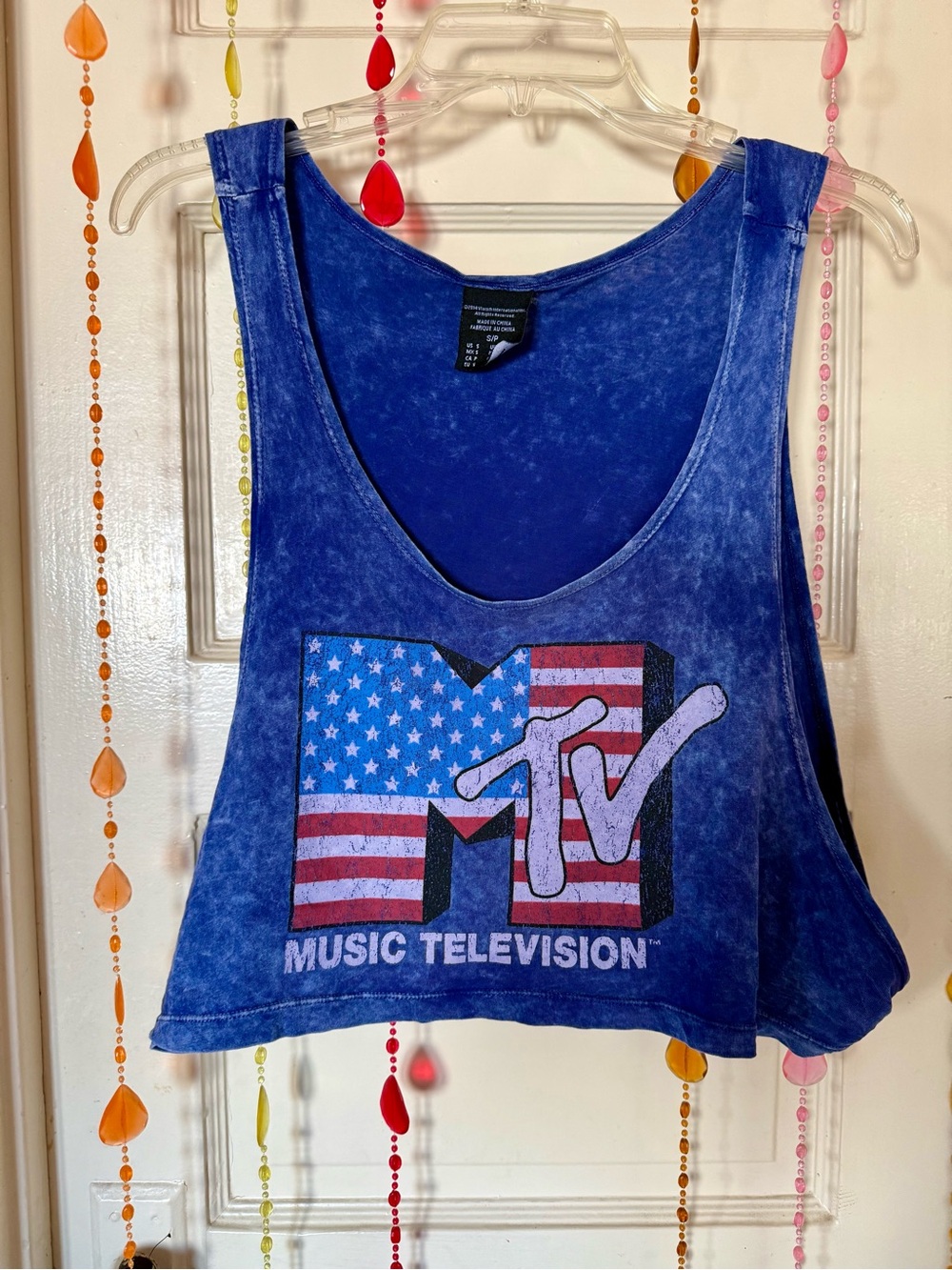 MTV Blue Acid Wash American Flag Logo Cropped Muscle Tank